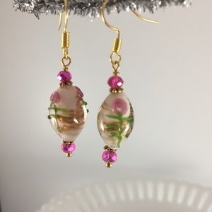 Handmade Earrings Glass Lamp Work Pink White Green Gold Plated